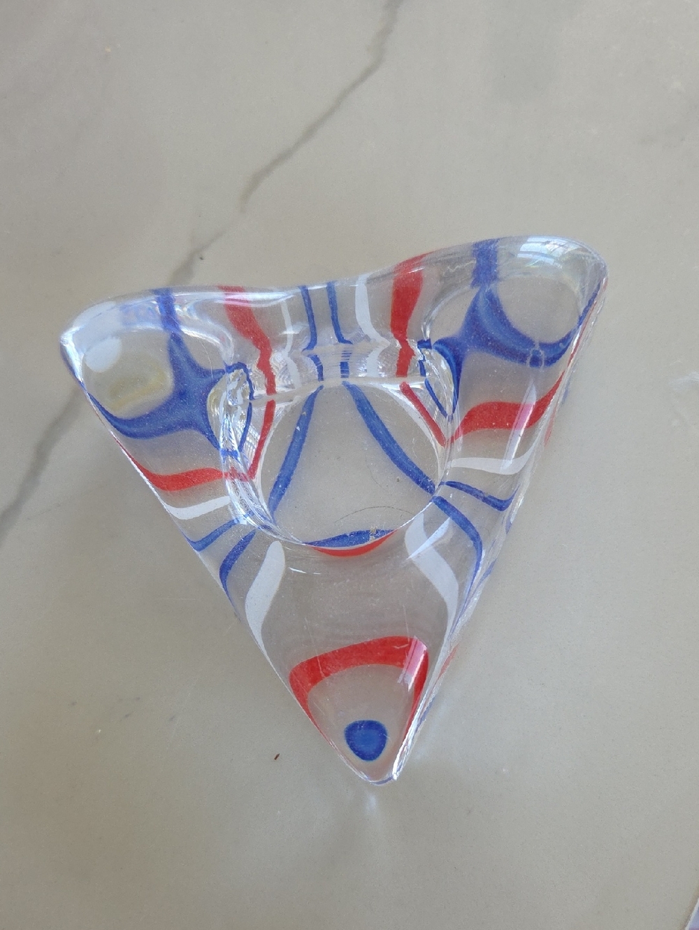 Kosta BodaVintage Triangular Glass Candle Holder with Red, Blue & White Swirls